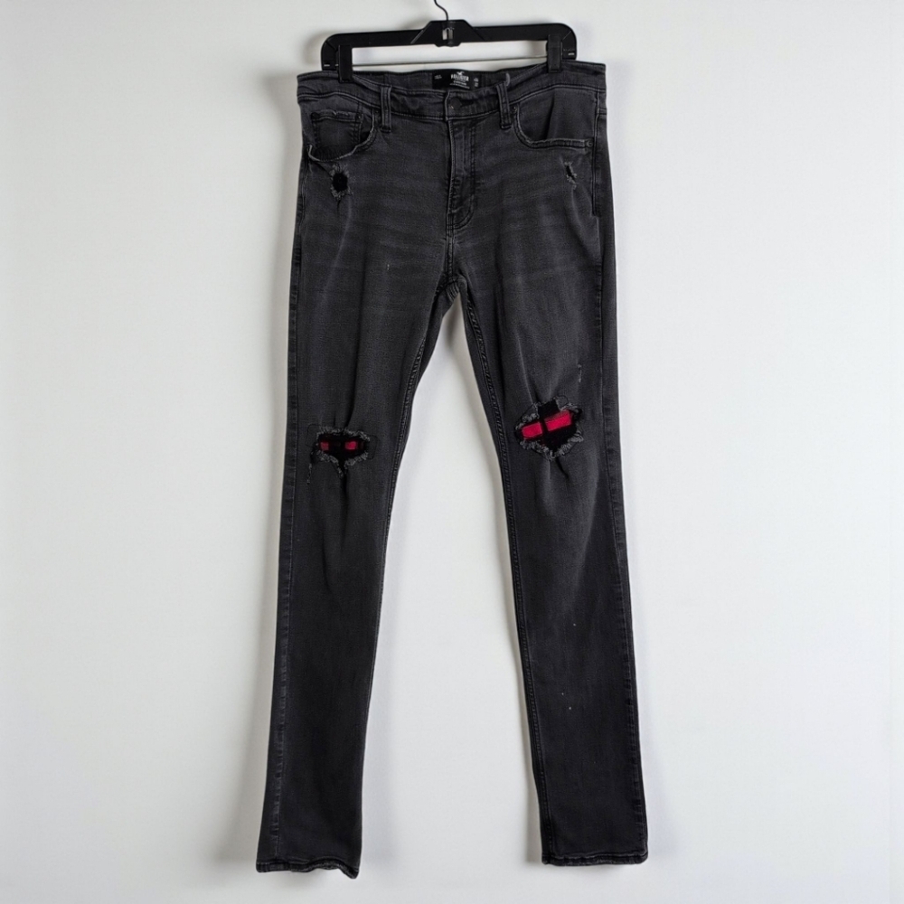 Hollister Stacked Skinny Jeans Black Distressed Red Plaid Knees 34x36 - Picture 12 of 12
